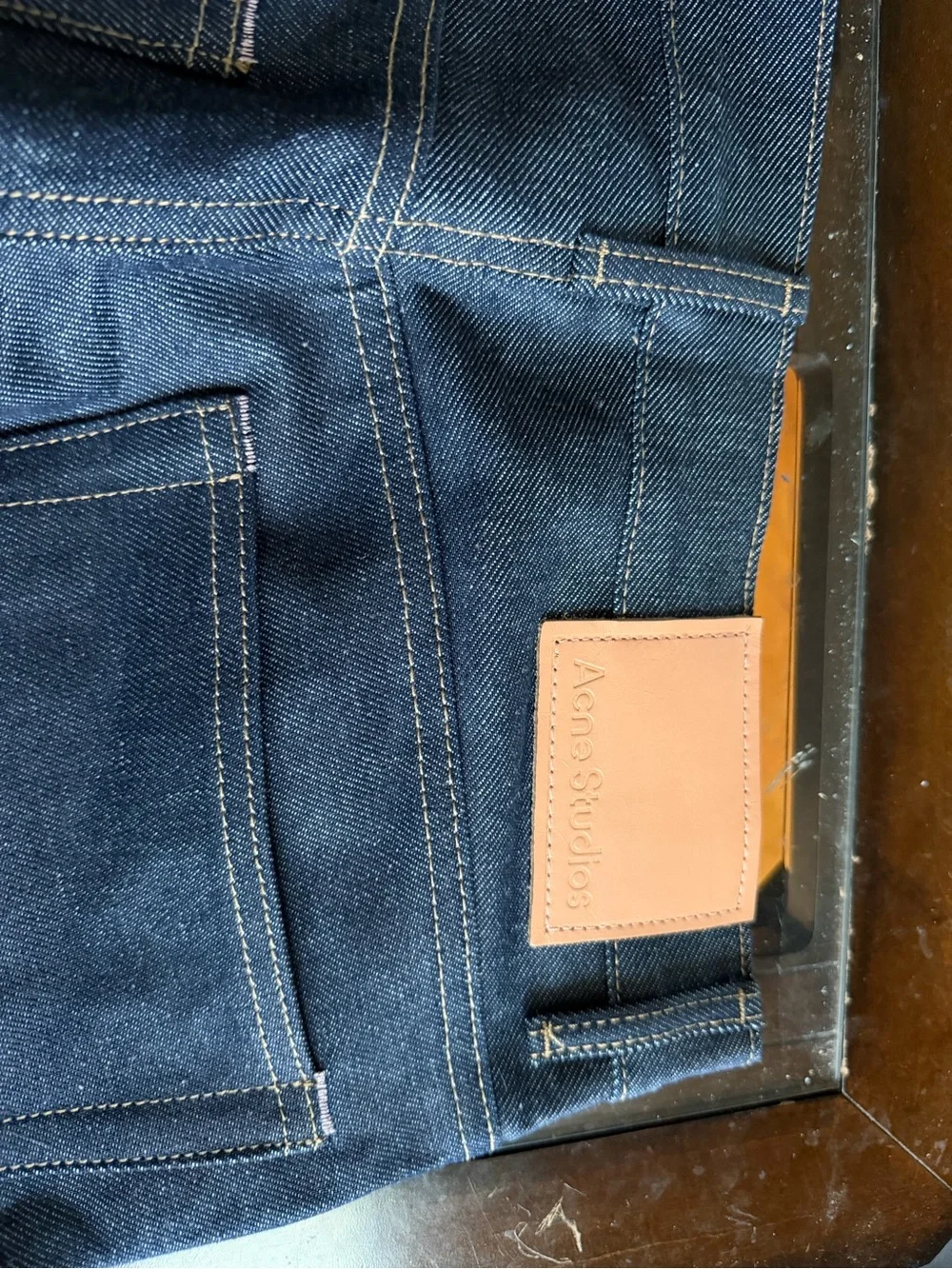 Acne Studios 2021M New RawDark Indigo Denim Jeans with Tan Leather Patch - Picture 2 of 5